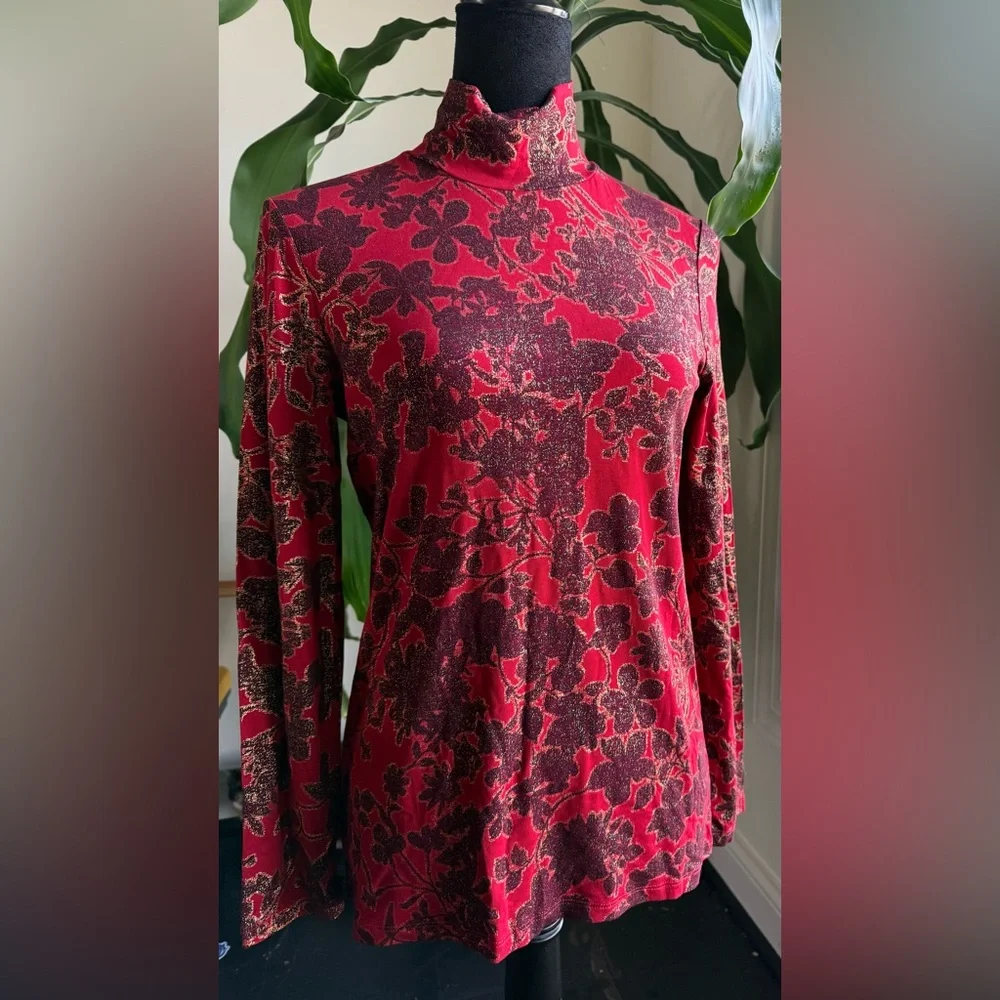 Chico's Red Floral Long Sleeve Top - Picture 1 of 9